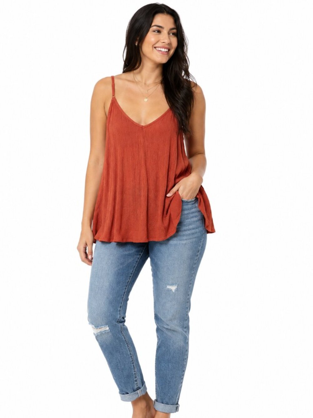 Torrid Sophie Crinkle Gauze Swing Cami Tank Rust Orange 100% Rayon